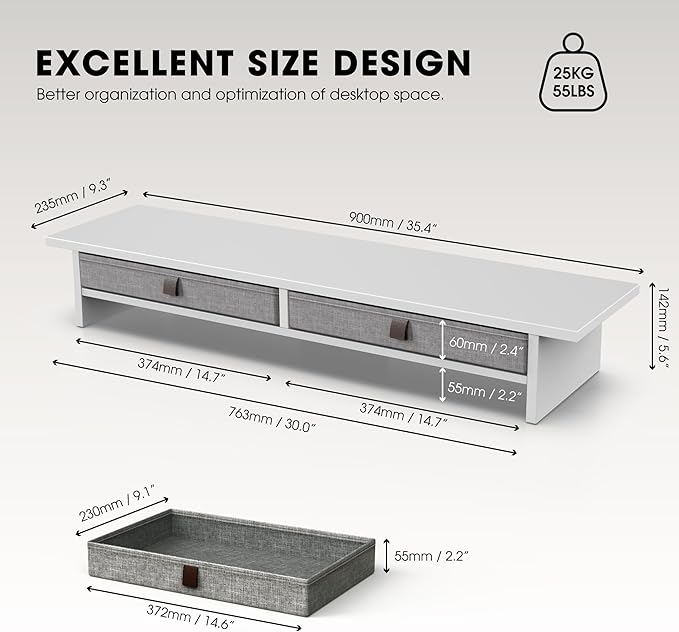 Fenge 35 Inch Monitor Stand with Drawer Storage, Computer Riser for Desk | Wooden Computer Shelf, 2 Tiers, for Dual Monitor/Laptop/PC/TV/Printer up to 55Lbs, Home Office Desk Organizer