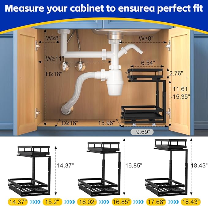Under Sink Organizer, Dual-Rail Ball-Bearing, Under Kitchen Sink Organizer, 6-Level Adjustable, Under Cabinet Organizer, No-Drill Adhesive/Suction, Under Sink Storage (Black, Double Layer - 2 Pack)