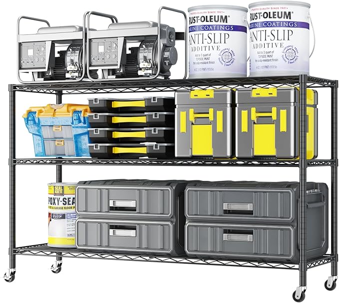 Karl home 3-Tier Adjustable Metal Storage Shelves with Wheels | Heavy Duty Wire Storage Rack Organizer, Multipurpose Garage, Pantry Display Shelf, for Household Indoor Storage Solutions
