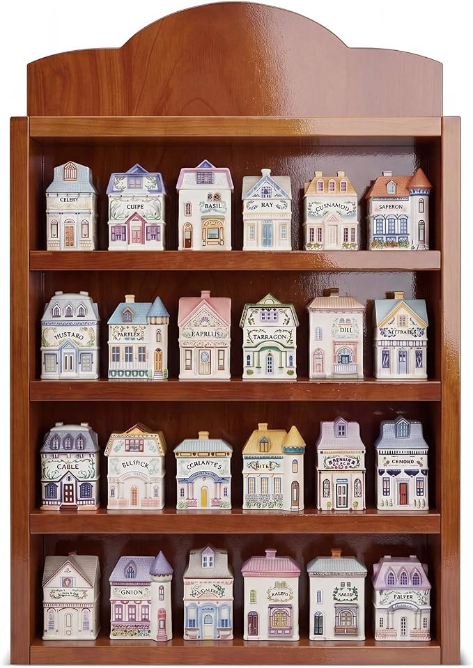 Chunful Vintage Spice Jar Wooden Rack Warm Brown Natural Spice Shelf for 24 Jars, Village Style Wall Mounting Kitchen Storage Decorative Hanging Display Rack, Shelf Only