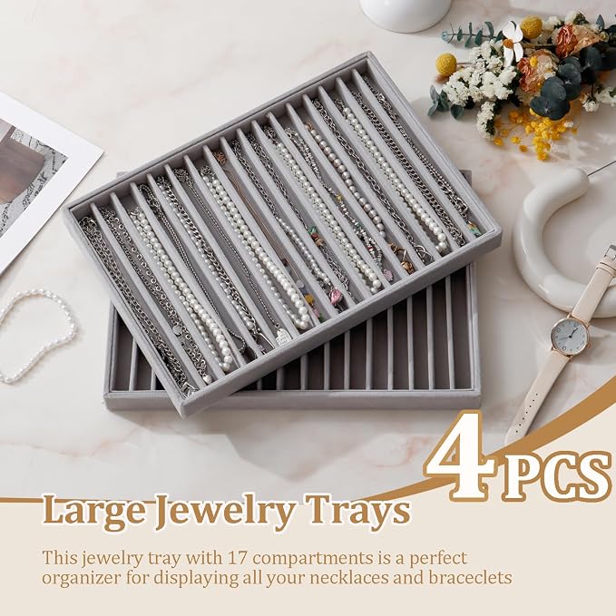 Large Stackable Jewelry Tray 4 Pack Velvet Jewelry Display Drawer Inserts Trays Organizer for Earring Bracelet Necklace Ring (Gray, 17 Grids)