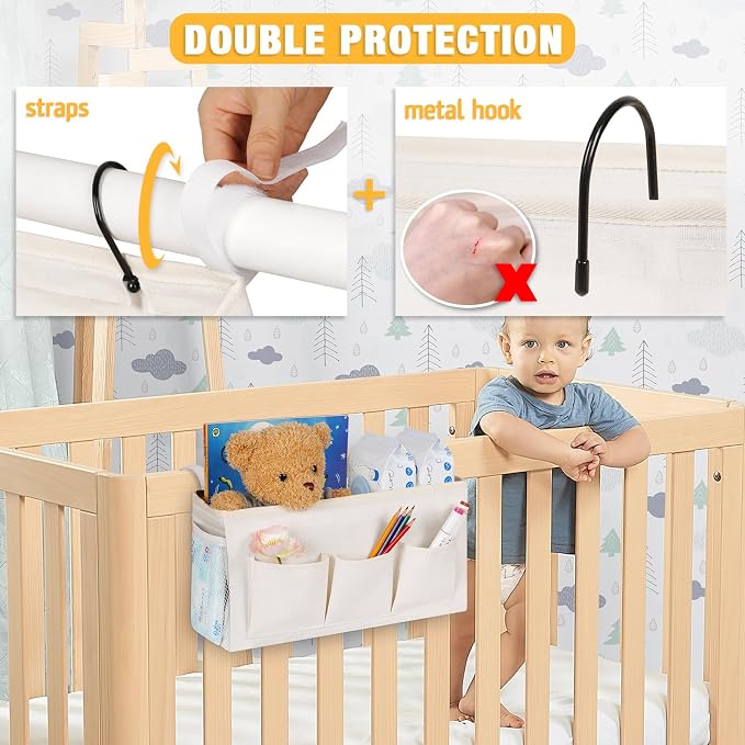 Lilithye Bedside Caddy Organizer with Fixed Straps and Water Bottle Holder for Home, College Dorm, Hospital, Crib and Bunk Bed (2pcs White)