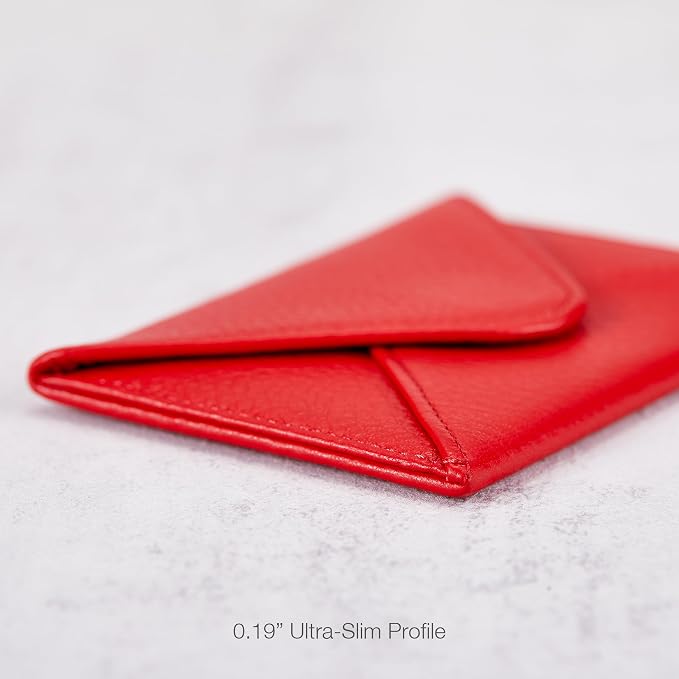 HISCOW Italian Pebbled Leather Business Card Holder, Minimalist Full Grain Envelope Card Case with Hidden Magnetic Closure, 0.19 Inch Slim Front Pocket Wallet for Men and Women, Rosso Red