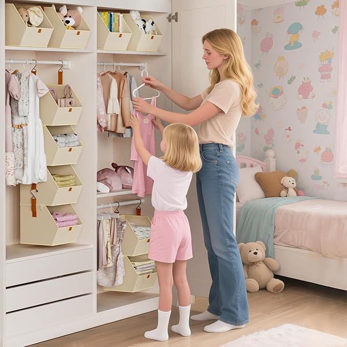 Homsorout Hanging Closet Organizer 4 Tier - Clothes Hanging Shelves, Space-Saving Closet System, Fabric Storage Bins Bedroom Organization, Collapsible Baskets for Home, Dorm, Rv, Beige, 8 Pack