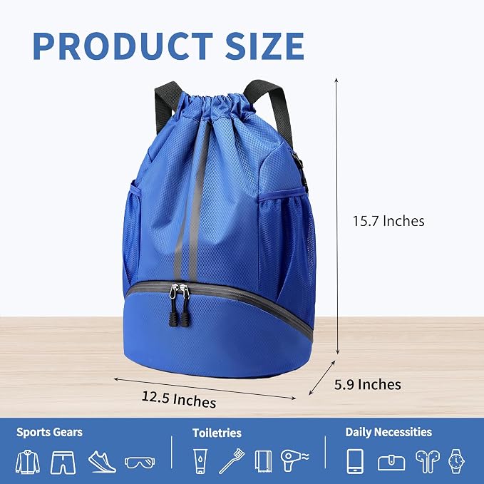 JELUTAR Drawstring Backpack Gym Bag with Shoes Compartment for Soccer, Basketball, Swim, Water-Resistant String Backpack Beach Cinch for Women Men, Blue, Medium