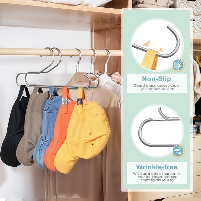 Hat Storage Organizer for Baseball Caps, Non Slip PVC Coating Hat Rack Hangers for Closet Hat Holder Max 10 Hats Closet Organizers and Storage for Cap Purse Belt Tie Bra Grey 2 Pack