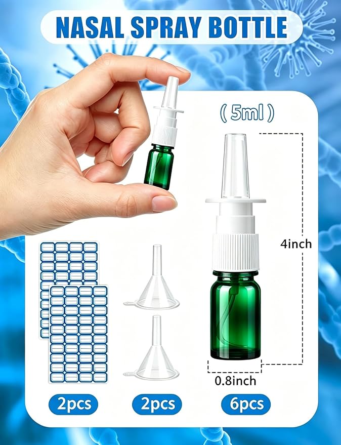 10 Pcs Nasal Spray Bottle, 5ML/0.17OZ 6 Pcs Green Fine Mist Glass Refillable Empty Nasal Spray Bottle with 2 Funnels and 2 Labels