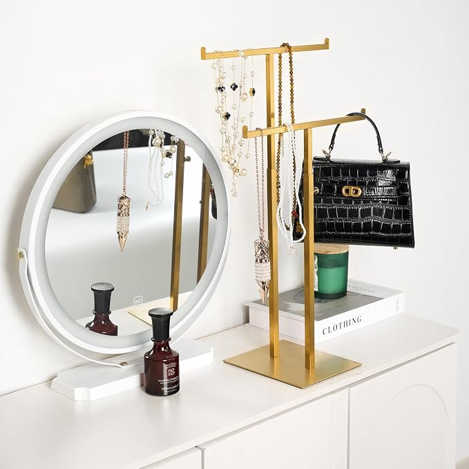 Purse Display Stand Jewelry Towers, Double T-Shaped Tabletop Stainless Steel Hook Hanging Adjustable Height Handbag Holder for Organizer Luxury Bags Necklaces Home Store Boutique Retail Closet