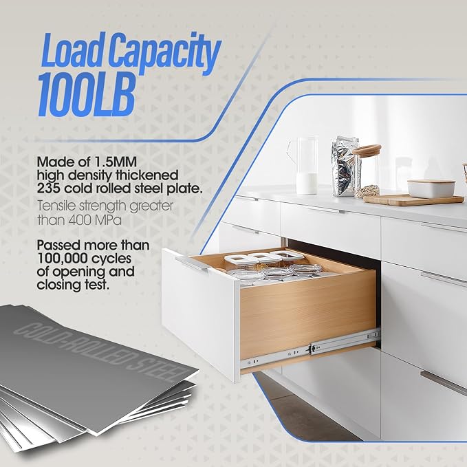 10 Pair Full Extension Ball Bearing Drawer Slides 8 10 12 14 16 18 20 22 24 Inch 100 LB Load Capacity Side Mount File Cabinet Rails Dresser Metal Runner Trash Can Kitchen (10 inch, Silver)