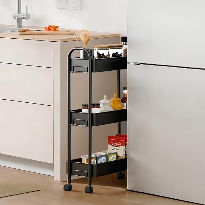 Slim Rolling Cart, Metal Frame Utility Rolling 3-Tier Narrow Storage Cart with Handle Kitchen Storage Organizer, Mobile Shelving Unit for Bathroom Kitchen