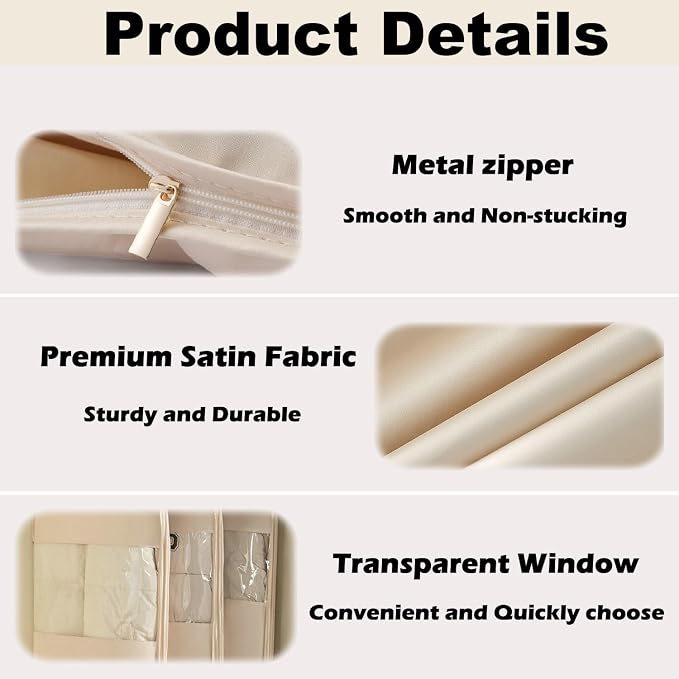 Space Saving Hanging Garment Bag with Self Compression Zipper, New Update Space Saver Clothes Storage Organizer, Dust Cover Clothes Bags for Down Coat Suit Dress or Jacket (Beige, L)