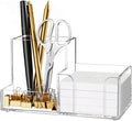 HBlife Acrylic Pen Holder for Desk, 3-Compartment Small Desk Organizer, Clear Office Supplies Desk Accessories with Sticky Notes Holder Stores Post It Notes 3X3 for Office, Home and School