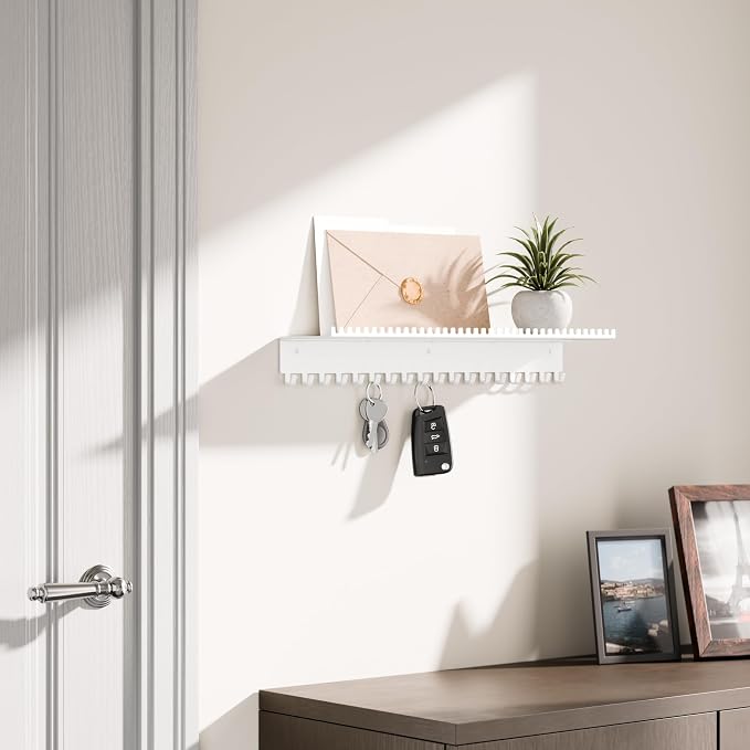 niffgaff Wall-Mounted Jewelry Organizer with Hooks and Shelf - Necklace Hanger Holder for Hanging Storage, Multi-Functional Wall Decor | White