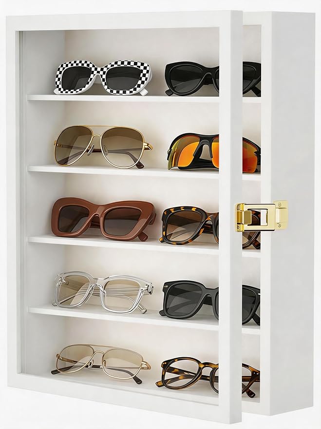 TJ.MOREE Sunglass Organizer Wall Mounted Glasses Holder Display Case 5 Tier | 13 x 15 inches Wooden Storage Box for Multiple Pairs Eyeglasses Sports Sunglasses