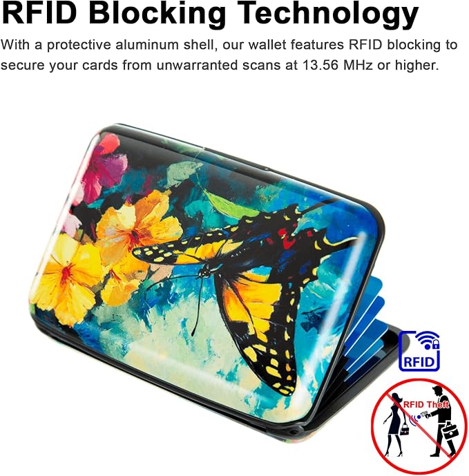Credit Card Holder, Metal Card Wallet RFID Blocking Mini Slim Aluminum Business Hard Card Case for Women Men (Flowers Butterfly)