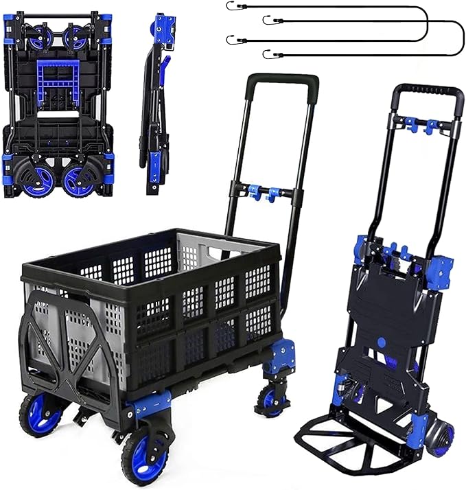 Folding Hand Truck Dolly with Folding Basket, 330LBS Capacity Carts with Wheels 2 in 1 Platform Truck, Push Cart Dolly with 4 Wheels and Retractable Handle