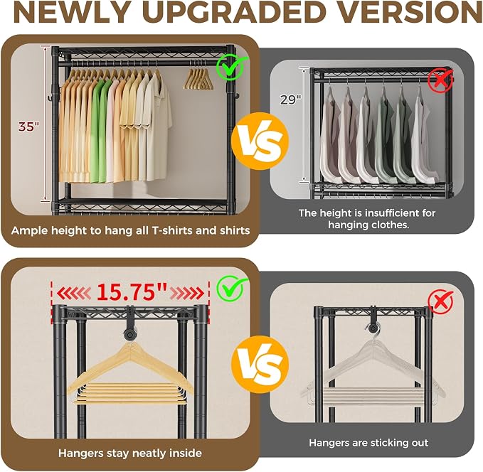 Golpart Heavy Duty Rolling Clothes Rack Wheels Portable Metal Garment Rack | Wardrobe Adjustable Wire Shelving Metal Double Clothing Racks for Hanging Clothes Organizer Closet Laundry Room Organization