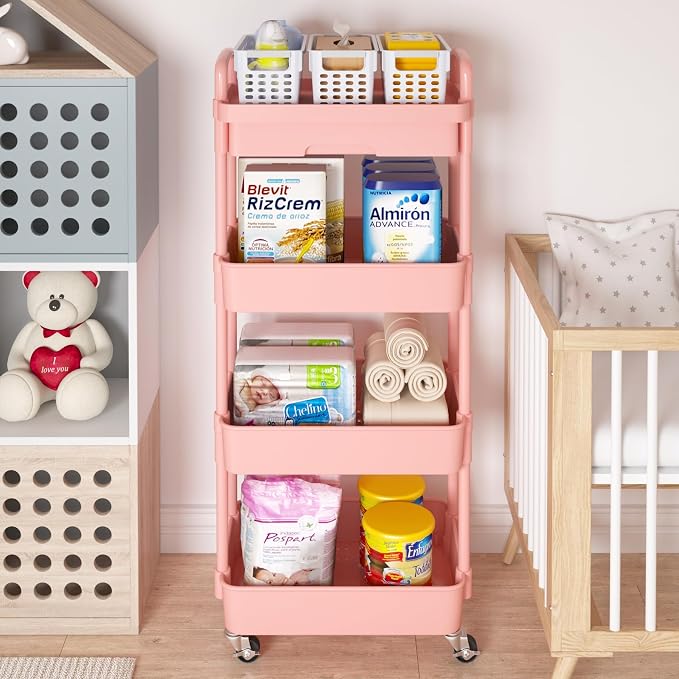 Calmootey 4-Tier Rolling Utility Cart with Drawer,Multifunctional Storage Organizer with Plastic Shelf & Metal Wheel,Storage Cart for Kitchen,Bathroom,Living Room,Office,Pink | Space-Saving Organizer, Sturdy Plastic Shelves, Smooth-Rolling Metal Wheels...