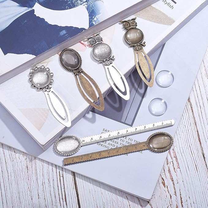 SUNNYCLUE 12Pcs 2 Styles Ruler Bookmark Pendant Tray Kit with 8Pcs Bookmark Cabochon Setting 4Pcs Ruler Cabochon with Clear Oval Round Glass Cabochon for DIY School Office Supplies Book Gifts Making