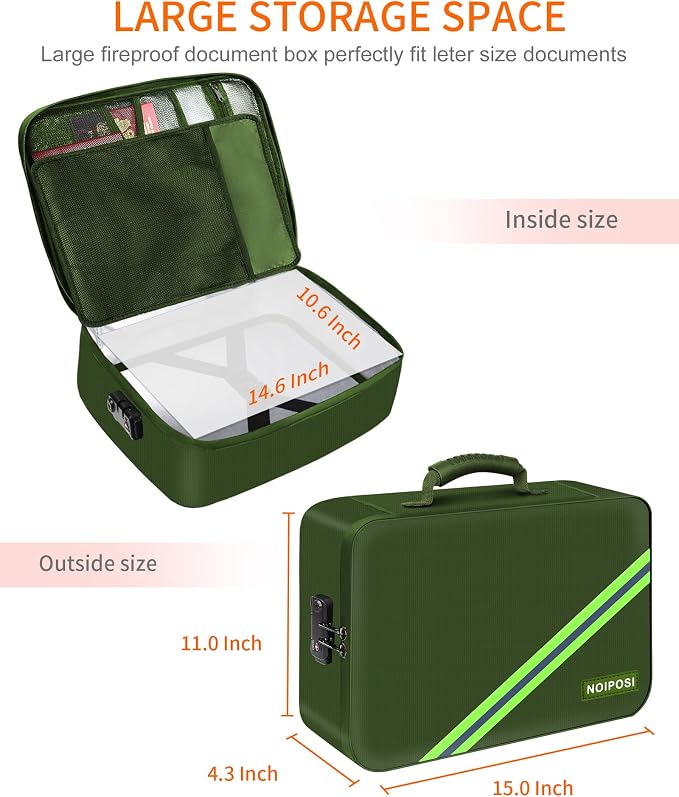 Noiposi Fireproof Document Box with Lock 5200℉ Water Resistant | Portable ,Home ,Travel Strong Document Storage Organizer with 7 pockets for Important Documents and File ,Green