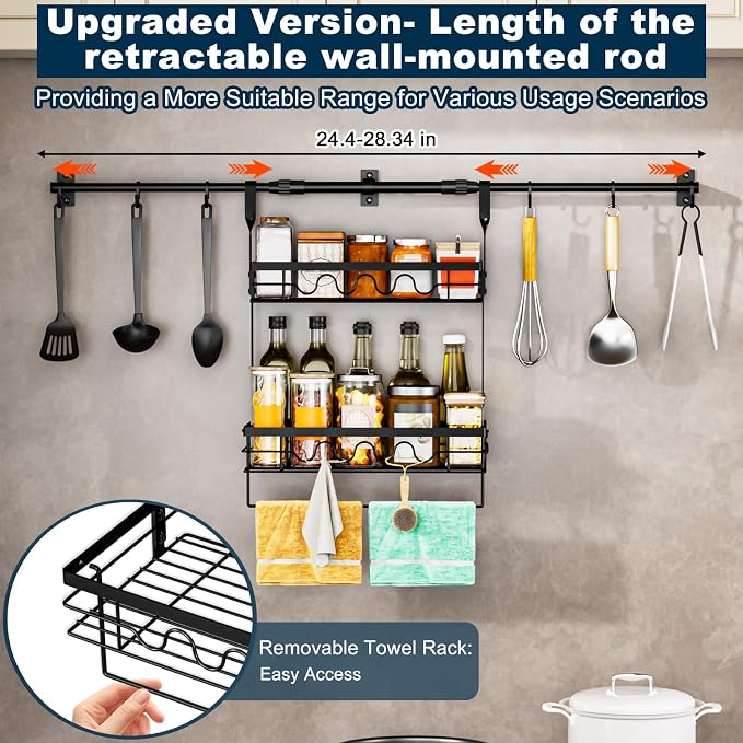 Upgraded adjustable Spice Rack Wall Mount, 6 pack kitchen hooks,heavy-duty kitchen wall shelf, suitable for use as an over-the-stove shelf, coffee shelf, or shower wall caddy.
