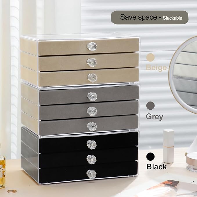 SPAKOWN Earring Box Holder Organizer Display Case | Clear Velvet Jewelry Storage Tray Organizer for Earring Ring Stud (Black - 3 Drawers)