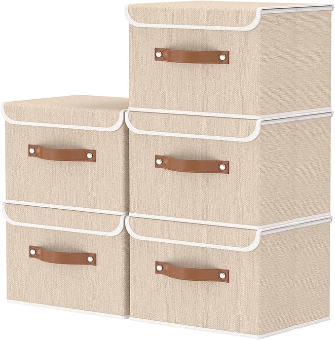 OUTBROS Fabric Storage Bins Cube Organizers with Flip-Top Lid and Handles,Storage Boxes for Organizing Home,Office,and Closet,Beige,5 Pack 10.2 x 7.9 x 6.7 in