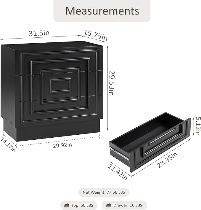 Aoikax Modern 3-Drawer Dresser, Sculptural Mid-Century Drawer of Chest with Geometric Square Pattern, Contemporary Accent Dresser for Bedroom, Living Room, Black