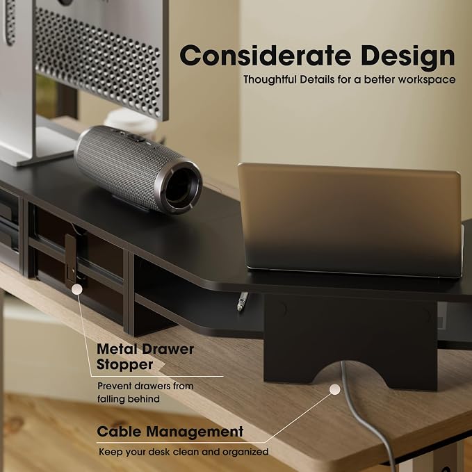 Fenge Dual Monitor Stand, 2-Tier Corner Monitor Riser with Drawer and Slide-out Tray, Triangle Desktop Shelf Organizer for Laptop Computer Printer Home Office Desk, Black