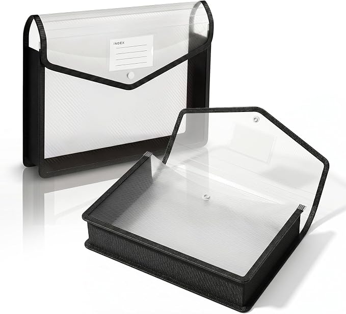 2 Pack Plastic Expanding File Folder, Black File Folder Organizer | Folders for Documents with Snap Closure, Transparent Accordion File Pouch, No Dividers, Large Capacity, Fit Letter/A4 Size
