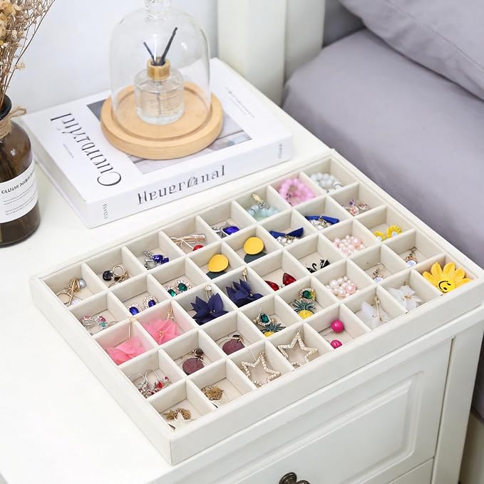 Stratalife 40 Grid Jewelry Organizer Tray, Stackable Drawer Earring Organizer with Adjustable Dividers, Jewelry Display Tray for Necklace Earring Ring Bracelet, 13.8" x 9.4" x 1.2", Beige