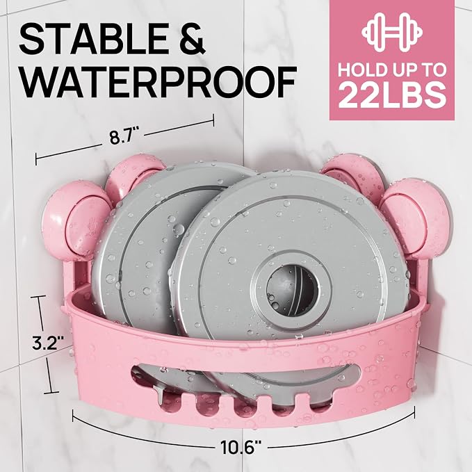 LEVERLOC Corner Shower Caddy Suction Cup, Shower Shelves Suction Cup | 2 Pack Heavy Duty Basket Bathroom, Removable Shower Organizer for Kitchen, No-Drilling Shower Caddies(Pink)