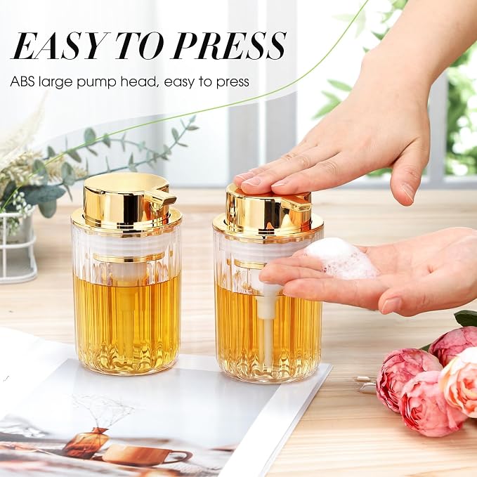 Potchen 2 Pcs Refillable Foaming Hand Soap Dispenser 10 oz Plastic Dispenser Pump Lotion Foaming with Silver Pump for Bathroom Vanities Kitchen(Gold)