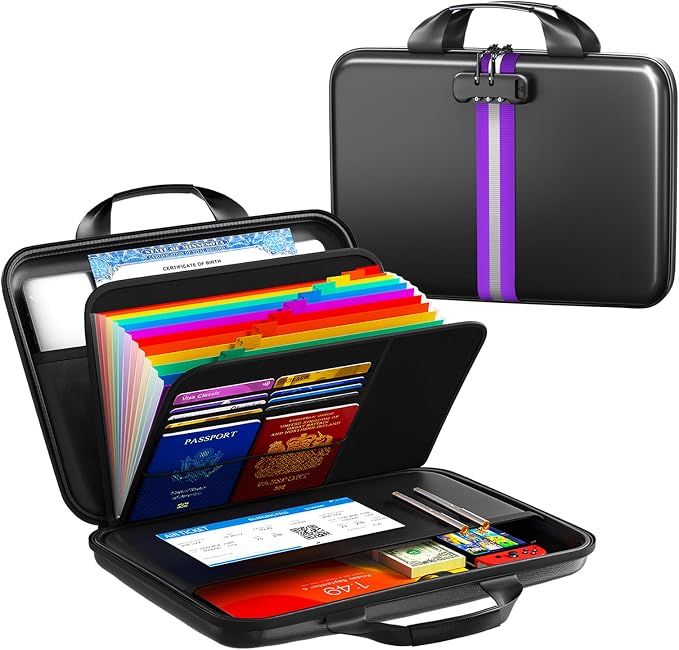 Fireproof Document Organizer with Lock, Rigid EVA File Box with 13-Pocket Accordion Folder for Important Documents & Tablets under 11", Lightweight Safe Storage for Home, Office & Travel (Small Size)
