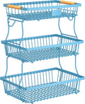 3 Tier Fruit Basket for Kitchen Counter with 2 Banana Hangers, Countertop Metal Fruit Bowl with Wooden Handle, Large Storage Stand for Vegetables, Snacks, Breads, Produce Storage – Blue