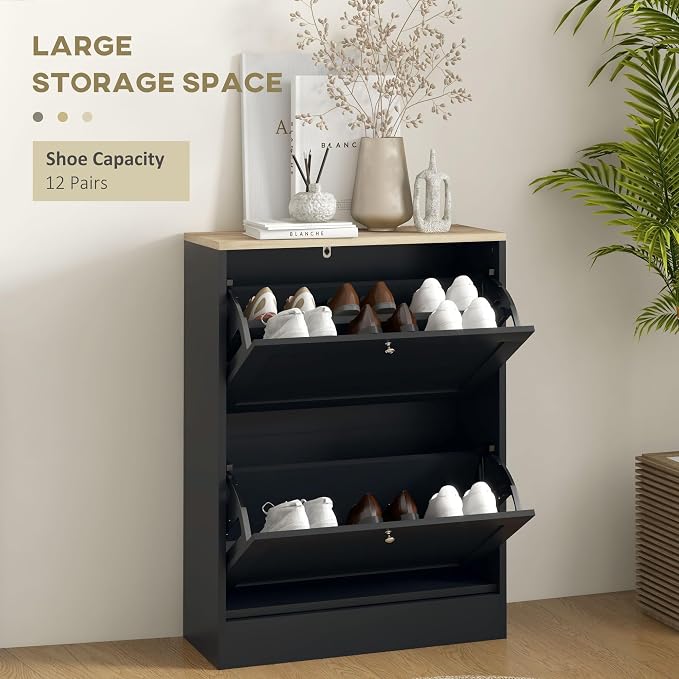 HOMCOM Shoe Cabinet with 2 Flip Drawers, Narrow Slim Shoe Rack, Black | Freestanding, Storage Cabinet, for Entryway, Hallway