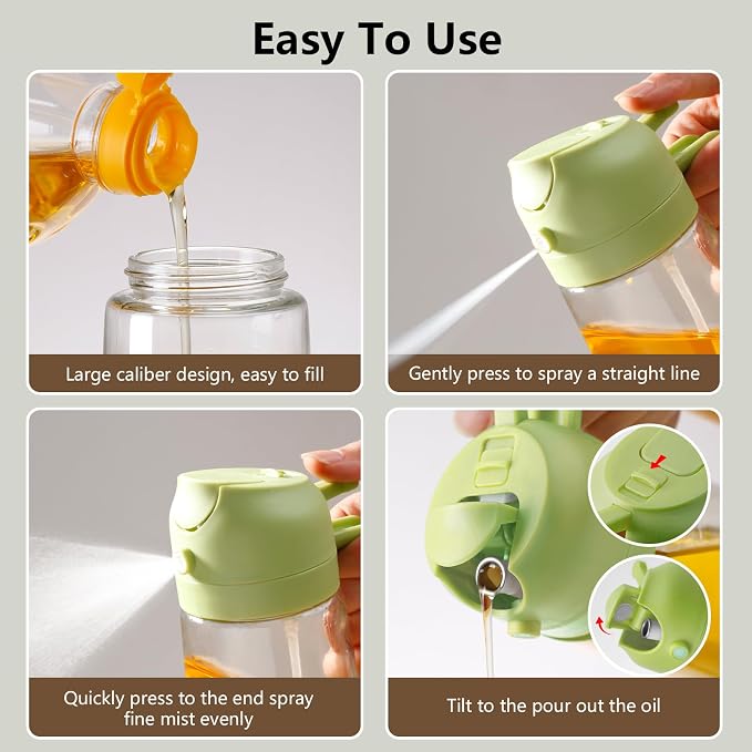 SWEET VIEW Oil Sprayer for Cooking 16oz/470ml | Glass Oil Dispenser/Pour Bottle, Kitchen Accessories, Kitchen Gadgets for Air Fryer, Salad, BBQ, with Stickers (Green)