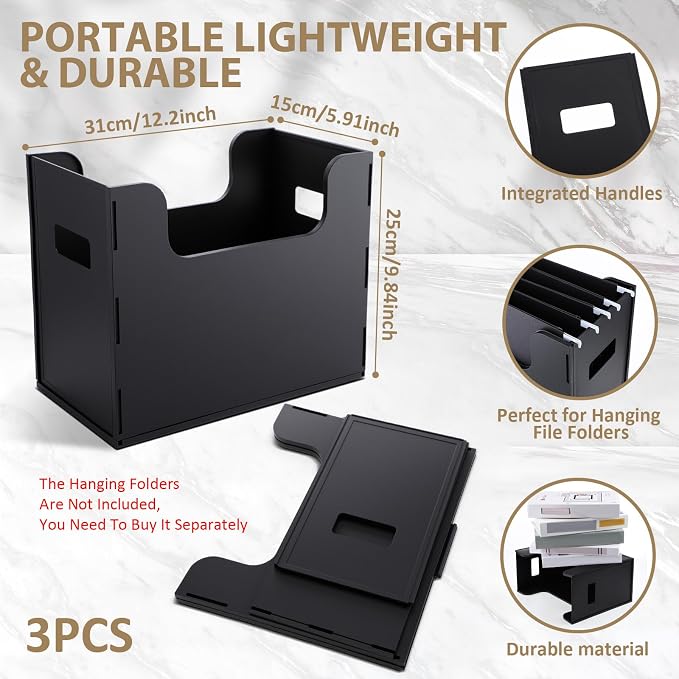 3 Pcs Portable Desktop File, Side Handles, Filing Organizer, Hanging File Folders, Letter Size for Schools Office Home (Black)