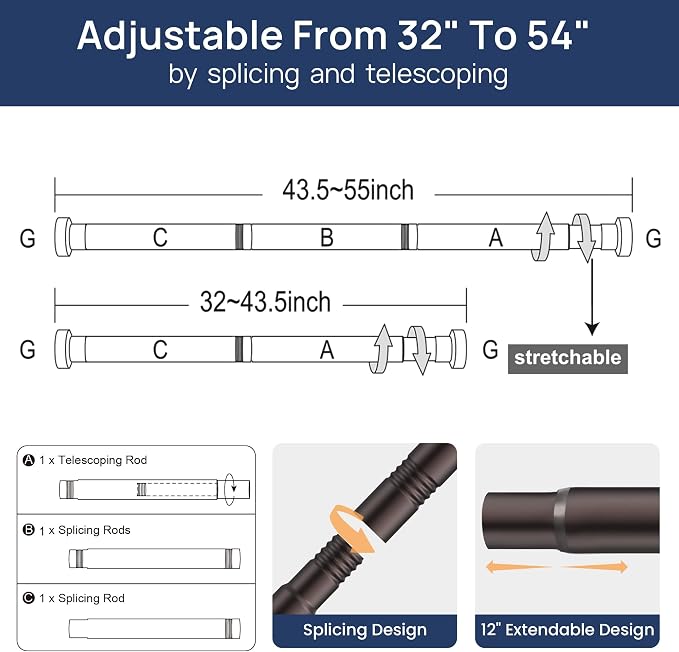 ENJOYBASICS 2 Pack Adjustable Spring Tension Curtain Rods 32 to 54 Inches, Stainless Steel Bronze Shower Rod No Drilling for Window, Bathroom, Closet, Room Divider, 7/8" Diameter