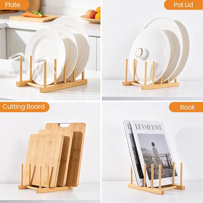 1 Pack Bamboo Wooden Dish Rack-Plate Pot Lid Cutting Board Organizer Holder Rack for Cabinet-Kitchen Cabinet Organizer for Dish, Pots, Lids, Bowls, Bottles, Books, and Puzzle
