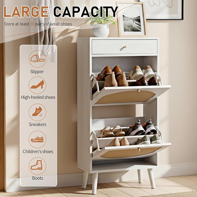 Karl home White Rattan Shoe Cabinet, 1-Drawer 2-Tilt-Out Entryway Organizer | Hidden Shoe Rack Storage with Rattan Panel for Heels, Slippers and Casual Shoes, Space Saving Entryway Storage Furniture