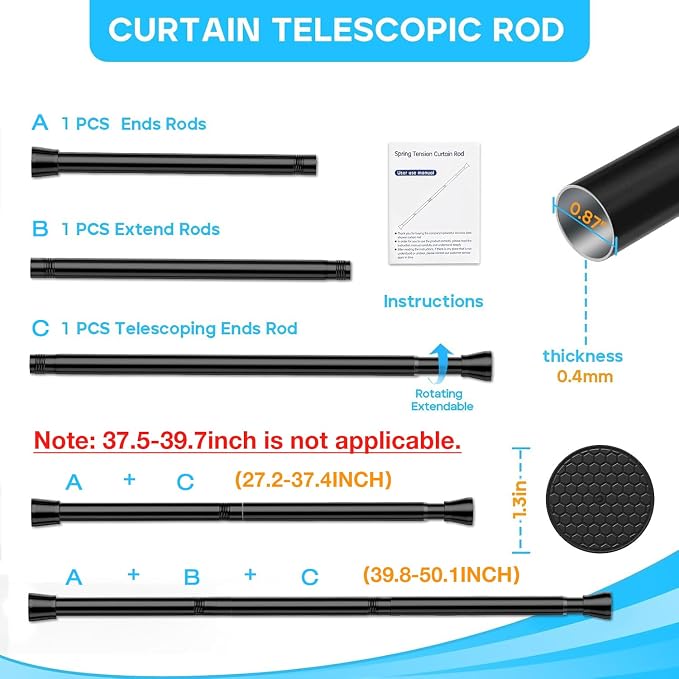 2 Pack Black Tension Curtain Rod for Windows 28 to 48 Inch,7/8"Small Shower Curtain Rod for Bathroom,Pressure Spring Tension Curtain Rod No Drilling for Closet Doorway Kitchen