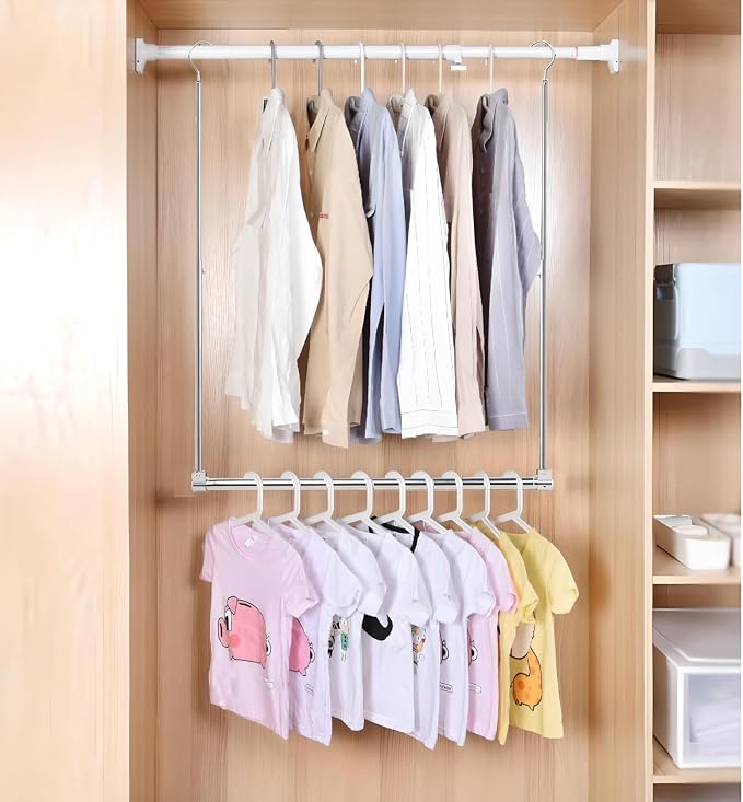 Adjustable Hanging Closet Rod, Extender Hanging Rod, Closet Hanging Organizer, Heavy Duty Closet Bar, Hanging Rod (1 Pack, Chrome)