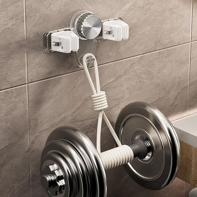 Suction Cup Mop Holder, No Drill Mop and Broom Rack Wall Mounted with Hooks and 2 Clips, Removable Broom Holder Mop Hanger for Bathroom, Kitchen, Office, Utility Room, Laundry, Garage (Clear)
