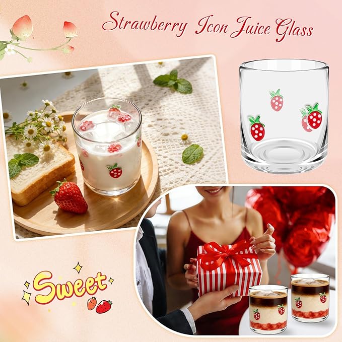 14 Ounce Icon Juice Glasses, Aesthetic Cocktail & Old Fashioned Drinking Glasses, Iconic Clear Glass Cups for Women, Sister, Friend & Party Gifts (Strawberry)
