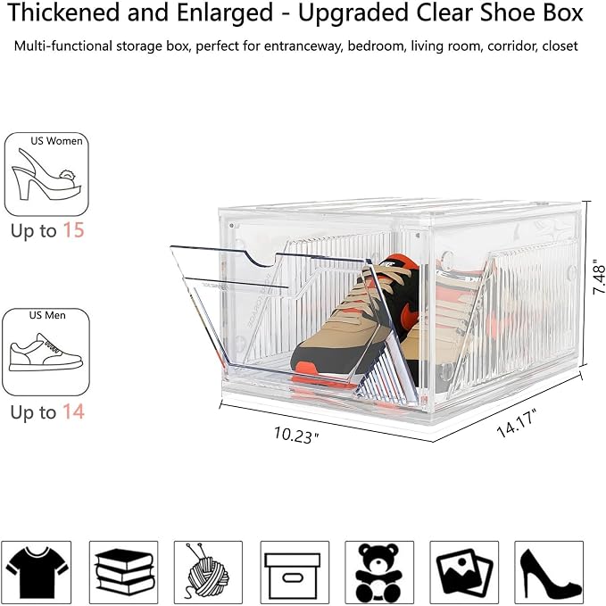 AWTATOS Shoe Storage Boxes, Fit up to US Size 15, 6 Pack | Stackable Shoe Organizer, Thickened Shoe Container with Magnetic Door, Shoe Rack for Entryway, Closet, Under Bed, Clear