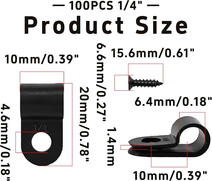 100Pcs R-Type Cable Clips 1/4" Black Nylon Plastic Wire Clamps with Mounting Screws, Cord Fastener Cable Management Organizer for Home Office Electrical Installation