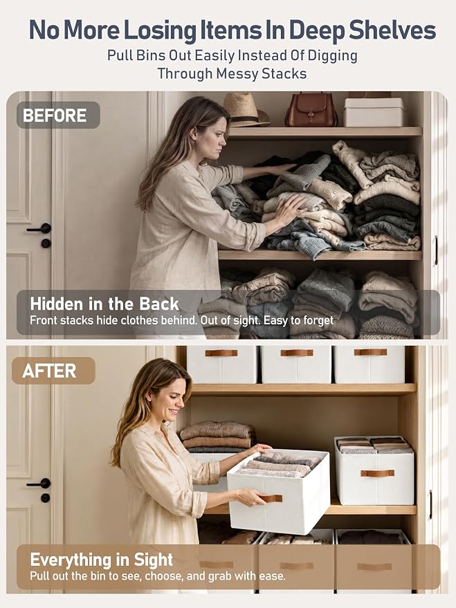 4 Pack Large Closet Storage Baskets Bins for Shelves, Collapsible Fabric Closet Organizers and Storage with Polyester Handles, Decorative Baskets for Organizing Clothes, Towels, Linen Closet 14"x10"