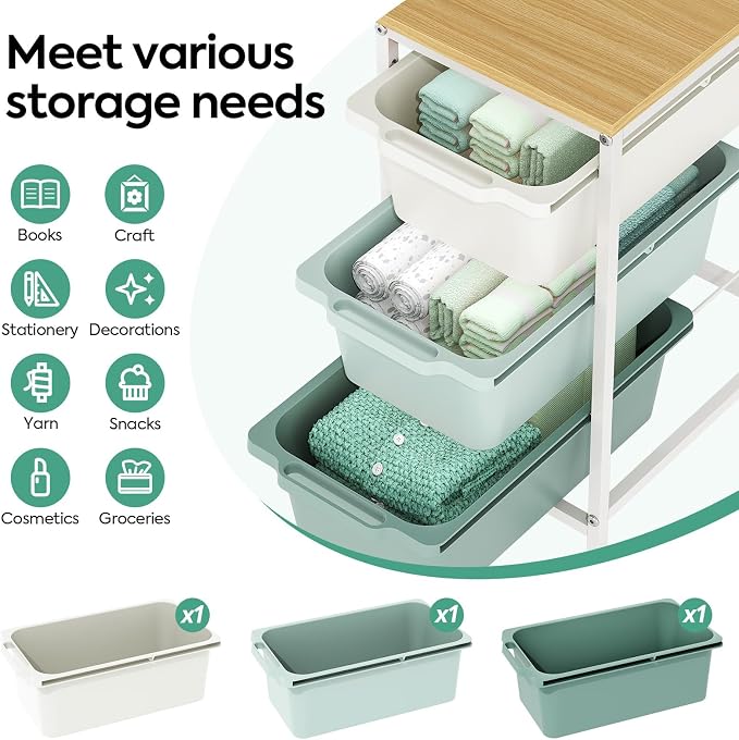 Slim Rolling Storage Cart with 3 Drawers, Craft Organizer, Wooden Tabletop Utility Cart for Bedroom, Children's Room and Office Organization, Under Desk Trolley with Lockable Wheels, Green