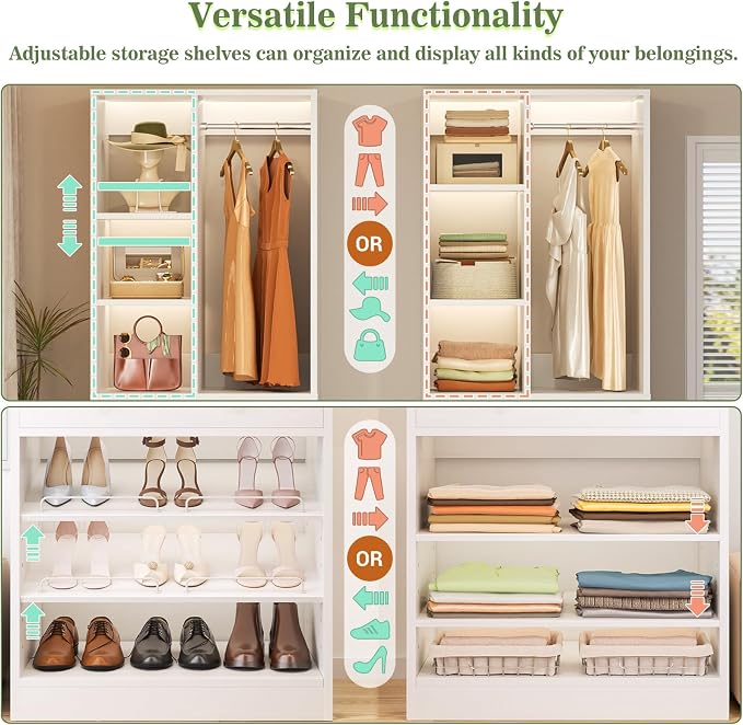 Besiost Closet System, 4.2–8.8 FT Closet Organizer with 2 Wooden Drawers and Shelves, Walk-in Closet System with 5 Hang Rods, Built-in Reach in Closet Tower, Can Fit 60 to 96 inch, White